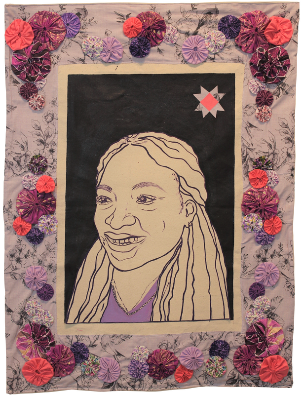 A quilted panel with red and purple flowers surrounding the hand-drawn portrait of woman, with a 8 pointed star in the right corner.